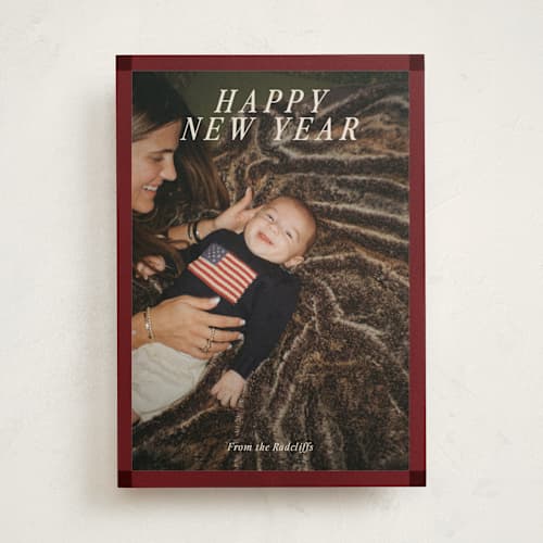 This is a burgundy new year photo cards with standard by Ani Somi called patchwork printing on recycled smooth signature in standard