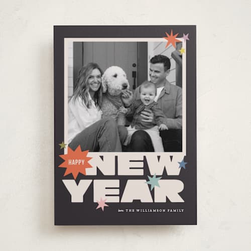 This is a midnight new year photo cards with standard by Pace Creative Design Studio called big year energy printing on recycled smooth signature in standard