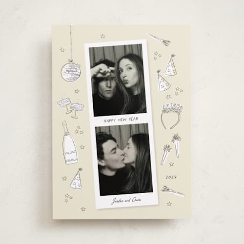 This is a champagne new year photo cards with standard by frau brandt called new year fun printing on recycled smooth signature in standard