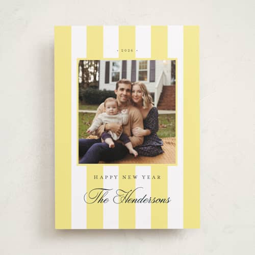 This is a honey new year photo cards with standard by Emily Betts called preppy stripes printing on recycled smooth signature in standard