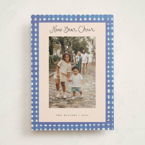 This is a ocean new year photo cards with standard by Teju Reval called bold gingham printing on recycled smooth signature in standard