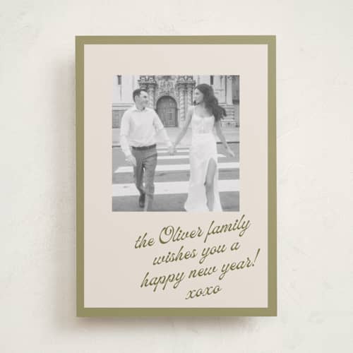 This is a sage ecru new year photo cards with standard by AK Graphics called note printing on recycled smooth signature in standard