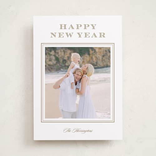 This is a caramel new year photo cards with standard by Stacey Meacham called resort style printing on recycled smooth signature in standard