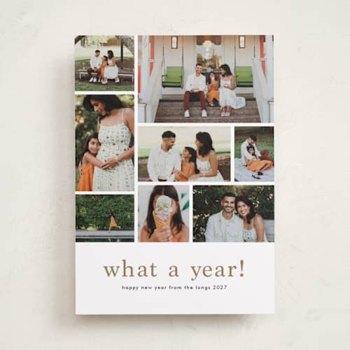 This is a cashew new year photo cards with standard by Stacey Meacham called at a glance printing on recycled smooth signature in standard