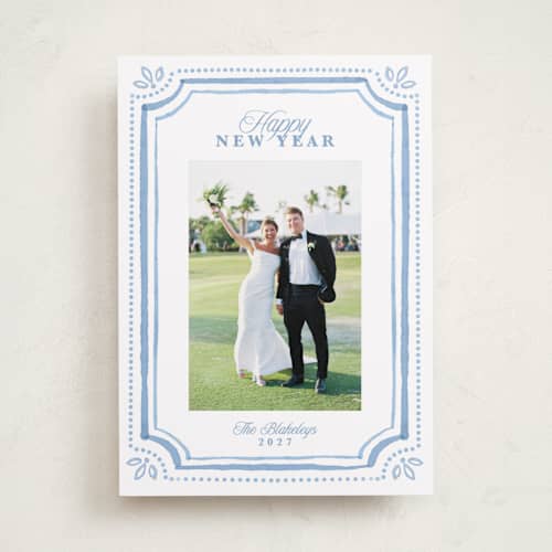 This is a blue jay new year photo cards with standard by Melanie Kosuge called fine frame printing on recycled smooth signature in standard
