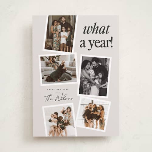 This is a linen new year photo cards with standard by Everett Paper Goods called newsprint printing on recycled smooth signature in standard