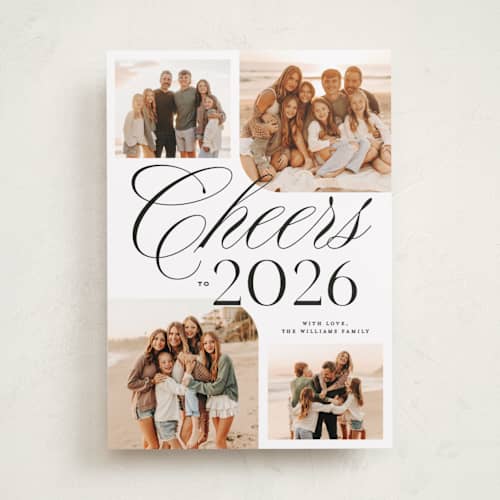 This is a snow new year photo cards with standard by Owl and Toad called four cheers printing on recycled smooth signature in standard