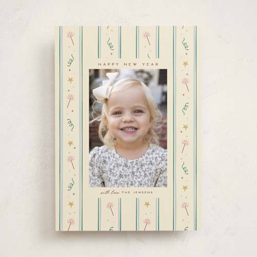 This is a teal new year photo cards with standard by Ellen Schlegelmilch called sparkling stripes printing on recycled smooth signature in standard