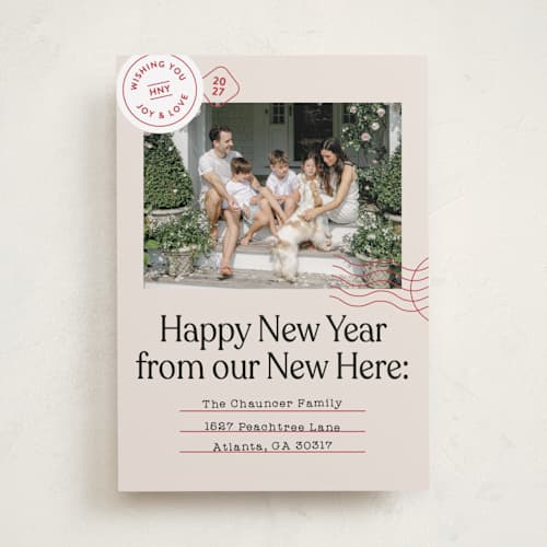 This is a cranberry new year photo cards with standard by Shari Margolin called new here printing on recycled smooth signature in standard