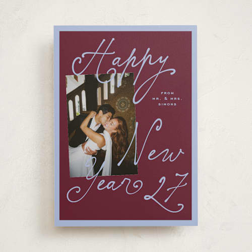 This is a grape new year photo cards with standard by Claudia Orengo called curly printing on recycled smooth signature in standard