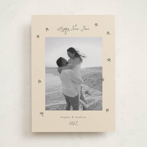 This is a vanilla new year photo cards with standard by Benita Crandall called hand drawn stars printing on recycled smooth signature in standard