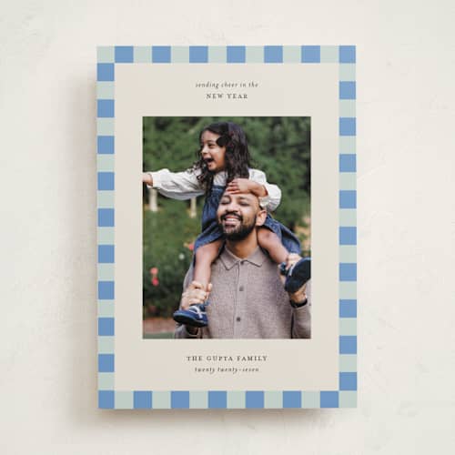 This is a sky new year photo cards with standard by Jackie Crawford called fun border checkers printing on recycled smooth signature in standard