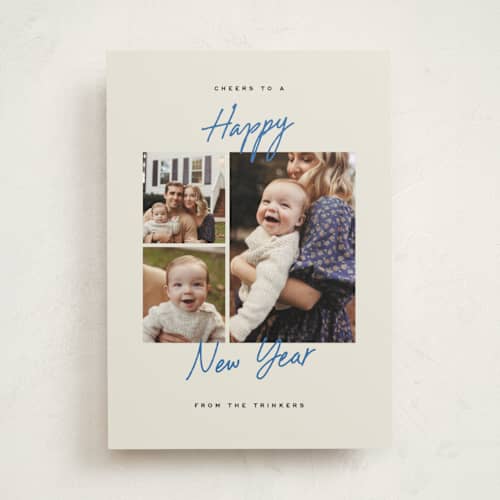 This is a azure new year photo cards with standard by Amy Kross called sincere cheer printing on recycled smooth signature in standard