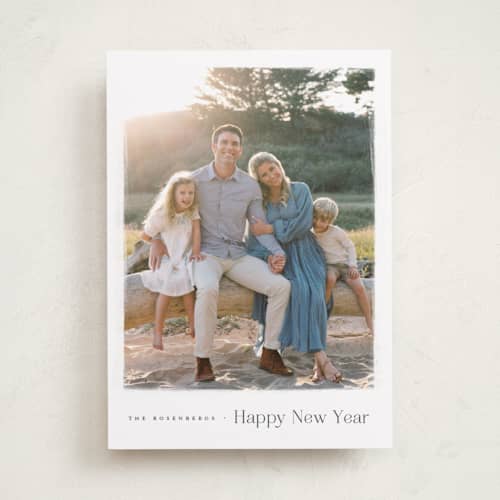 This is a evergreen new year photo cards with standard by Wildfield Paper Co called slate printing on recycled smooth signature in standard