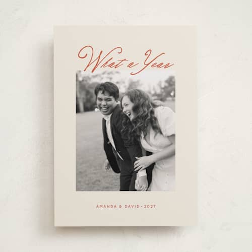 This is a cedar rust new year photo cards with standard by Sabrin Deirani called red letter year printing on recycled smooth signature in standard