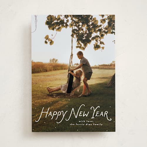 This is a penguin new year photo cards with standard by Lea Delaveris called handwritten happy printing on recycled smooth signature in standard