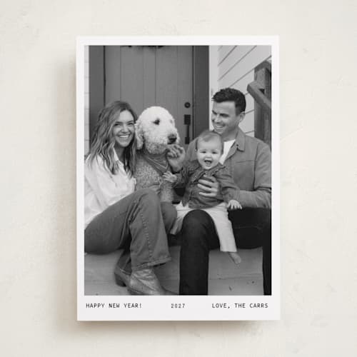 This is a snow new year photo cards with standard by Lindsay Megahed called momento printing on recycled smooth signature in standard