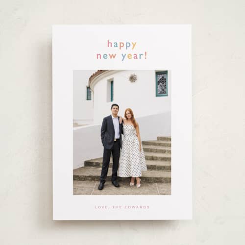 This is a rainbow new year photo cards with standard by Carolyn MacLaren called smoothie printing on recycled smooth signature in standard
