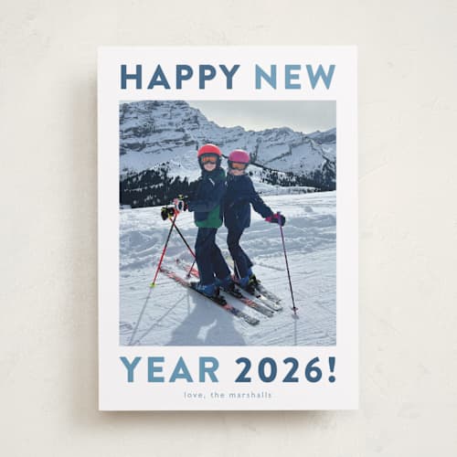 This is a aqua new year photo cards with standard by Carolyn MacLaren called happy colors printing on recycled smooth signature in standard