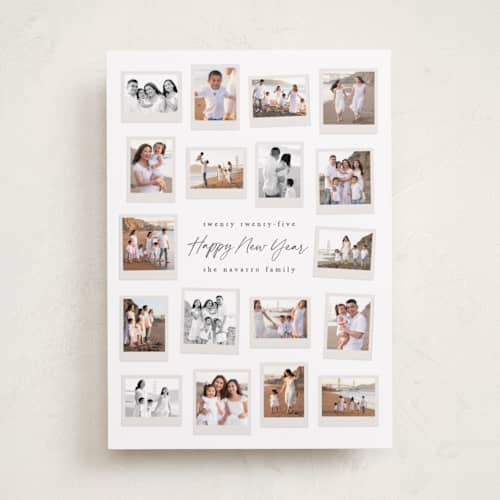 This is a snowflake new year photo cards with standard by Hooray Creative called many merry moments printing on recycled smooth signature in standard