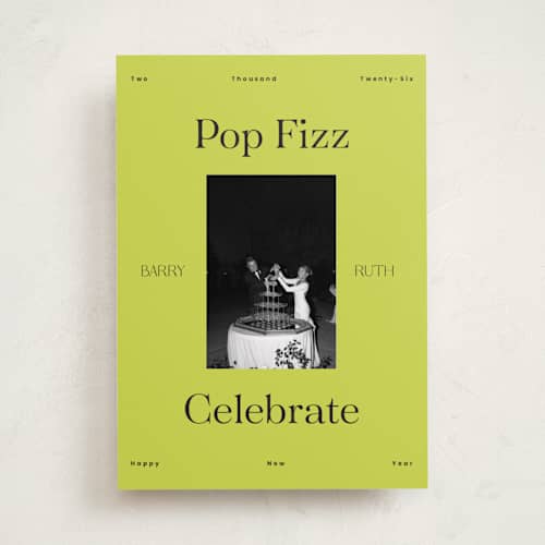 This is a lime new year photo cards with standard by Rachel Cassel called neon printing on recycled smooth signature in standard