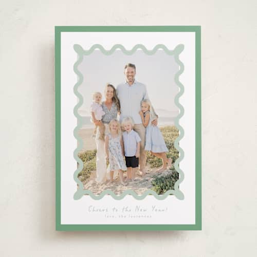 This is a spearmint new year photo cards with standard by Blustery August called party squiggle printing on recycled smooth signature in standard