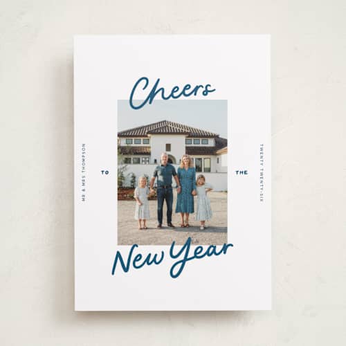 This is a blue jeans new year photo cards with standard by Abbigail Lim called a simple cheers printing on recycled smooth signature in standard