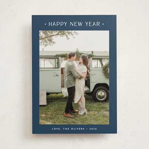This is a navy new year photo cards with standard by Carolyn MacLaren called dotted printing on recycled smooth signature in standard
