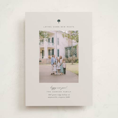 This is a linen new year photo cards with standard by Sierra Lee called new year, new roots printing on recycled smooth signature in standard