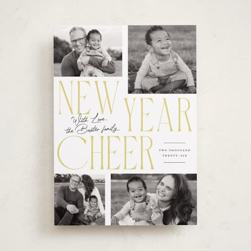 This is a lemon meringue new year photo cards with standard by Everett Paper Goods called bold quad printing on recycled smooth signature in standard