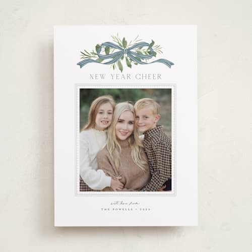 This is a blue jay new year photo cards with standard by Everett Paper Goods called greenery swag printing on recycled smooth signature in standard