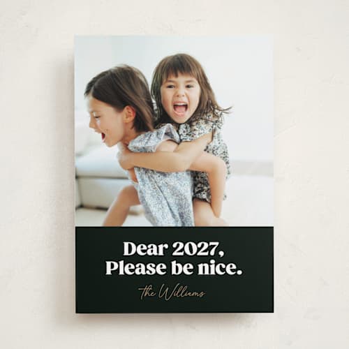 This is a onyx new year photo cards with standard by Robert and Stella called pretty please printing on recycled smooth signature in standard