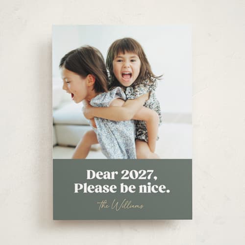 This is a seaglass new year photo cards with standard by Robert and Stella called pretty please printing on recycled smooth signature in standard
