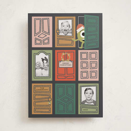 This is a santa holiday photo cards with standard by Claudia Orengo called pixar's mosters inc holiday doors printing on recycled smooth signature in standard