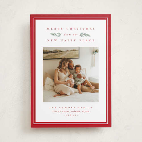 This is a poinsettia holiday photo cards with standard by Amy Kross called new happy place printing on recycled smooth signature in standard