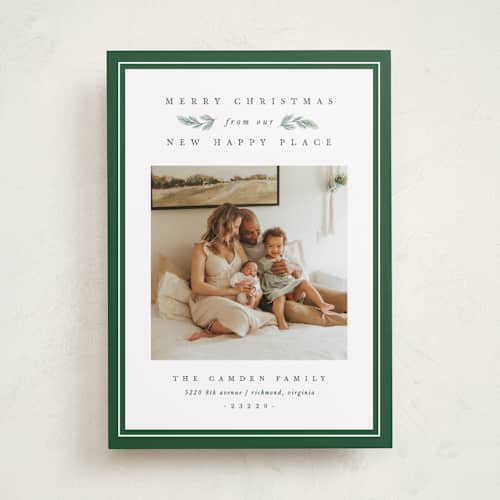 This is a pine holiday photo cards with standard by Amy Kross called new happy place printing on recycled smooth signature in standard