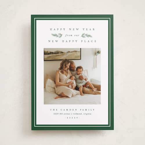 This is a pine holiday photo cards with standard by Amy Kross called new happy place printing on recycled smooth signature in standard