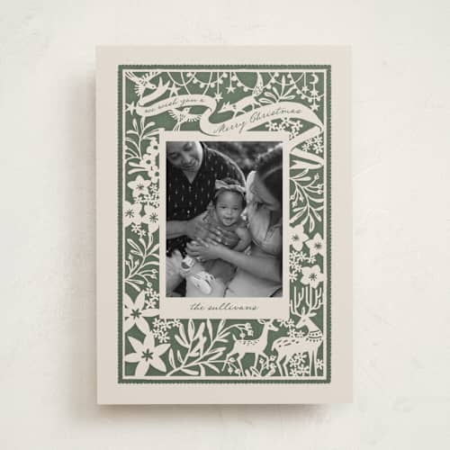 This is a pine holiday photo cards with standard by Leia Matt called woodland papercut printing on recycled smooth signature in standard