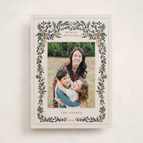 This is a champagne holiday photo cards with standard by Angel Walker called merriest botanicals printing on recycled smooth signature in standard