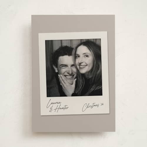 This is a taupe holiday photo cards with standard by Chelsea Petaja called snapshot holiday printing on recycled smooth signature in standard