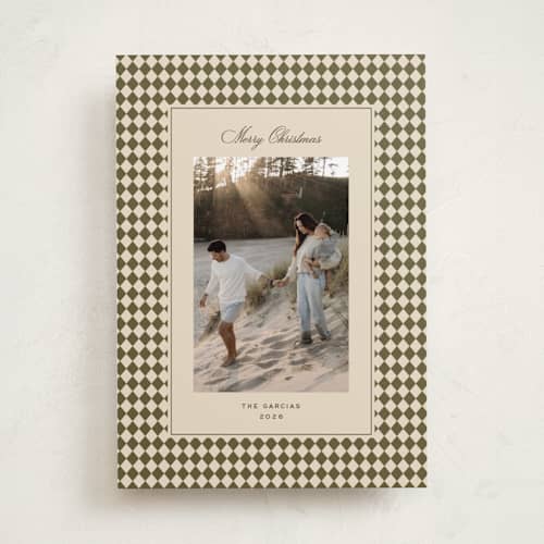 This is a olive holiday photo cards with standard by Ellen Schlegelmilch called mini argyle printing on recycled smooth signature in standard