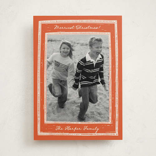 This is a cinnamon holiday photo cards with standard by THE SOCIAL TYPE WHOLESALE called block print printing on recycled smooth signature in standard