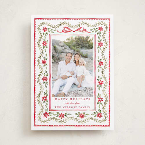 This is a poinsettia holiday photo cards with standard by Sarah Knight called festively framed printing on recycled smooth signature in standard