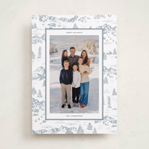 This is a powder holiday photo cards with standard by Jenna Holcomb called ski toile printing on recycled smooth signature in standard