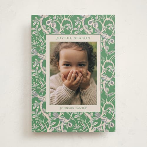 This is a forest holiday photo cards with standard by Sabrin Deirani called heritage pomegranate printing on recycled smooth signature in standard