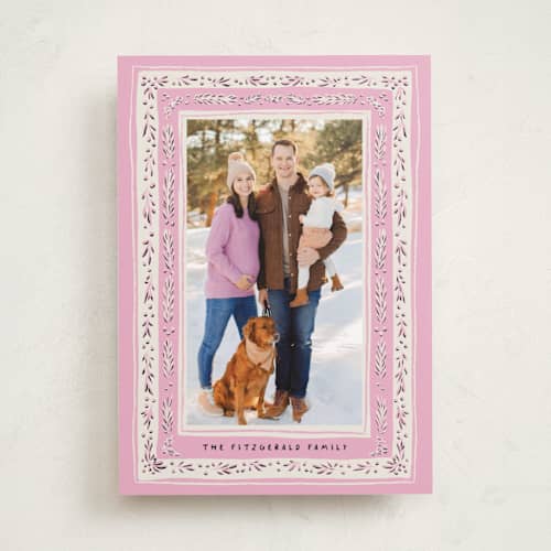 This is a rose holiday photo cards with standard by Gwen Bedat called modern tapestry printing on recycled smooth signature in standard