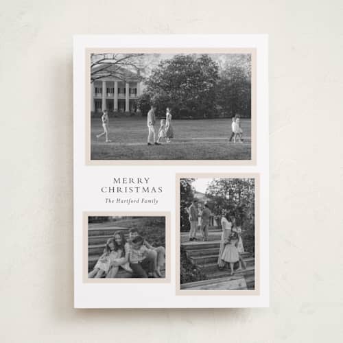 This is a ivory holiday photo cards with standard by Angela Thompson called triple frame printing on recycled smooth signature in standard