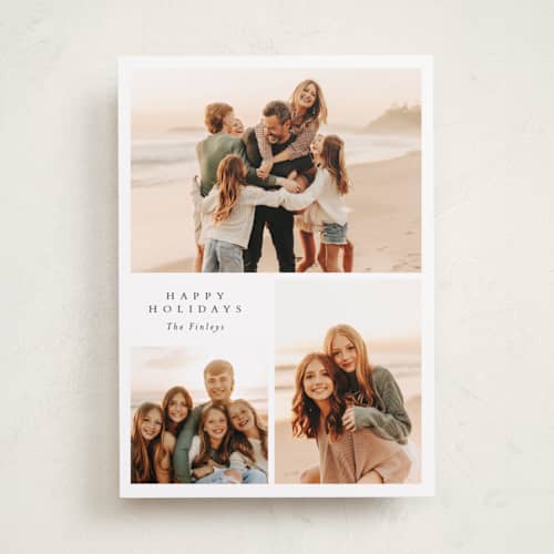 This is a snowflake holiday photo cards with standard by Angela Thompson called happy trio printing on recycled smooth signature in standard