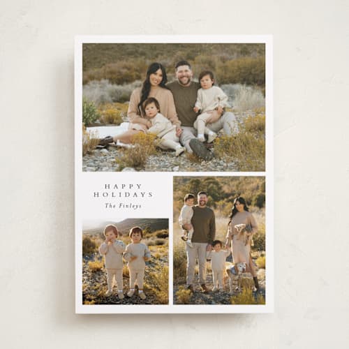This is a snowflake holiday photo cards with standard by Angela Thompson called happy trio printing on recycled smooth signature in standard