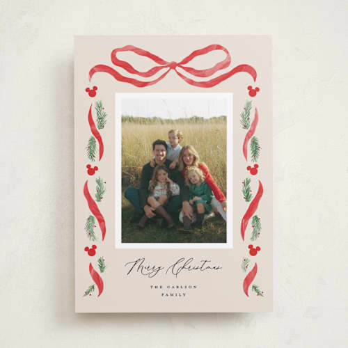 This is a wreath holiday photo cards with standard by Pixel and Hank called disney's mickey bough border printing on recycled smooth signature in standard